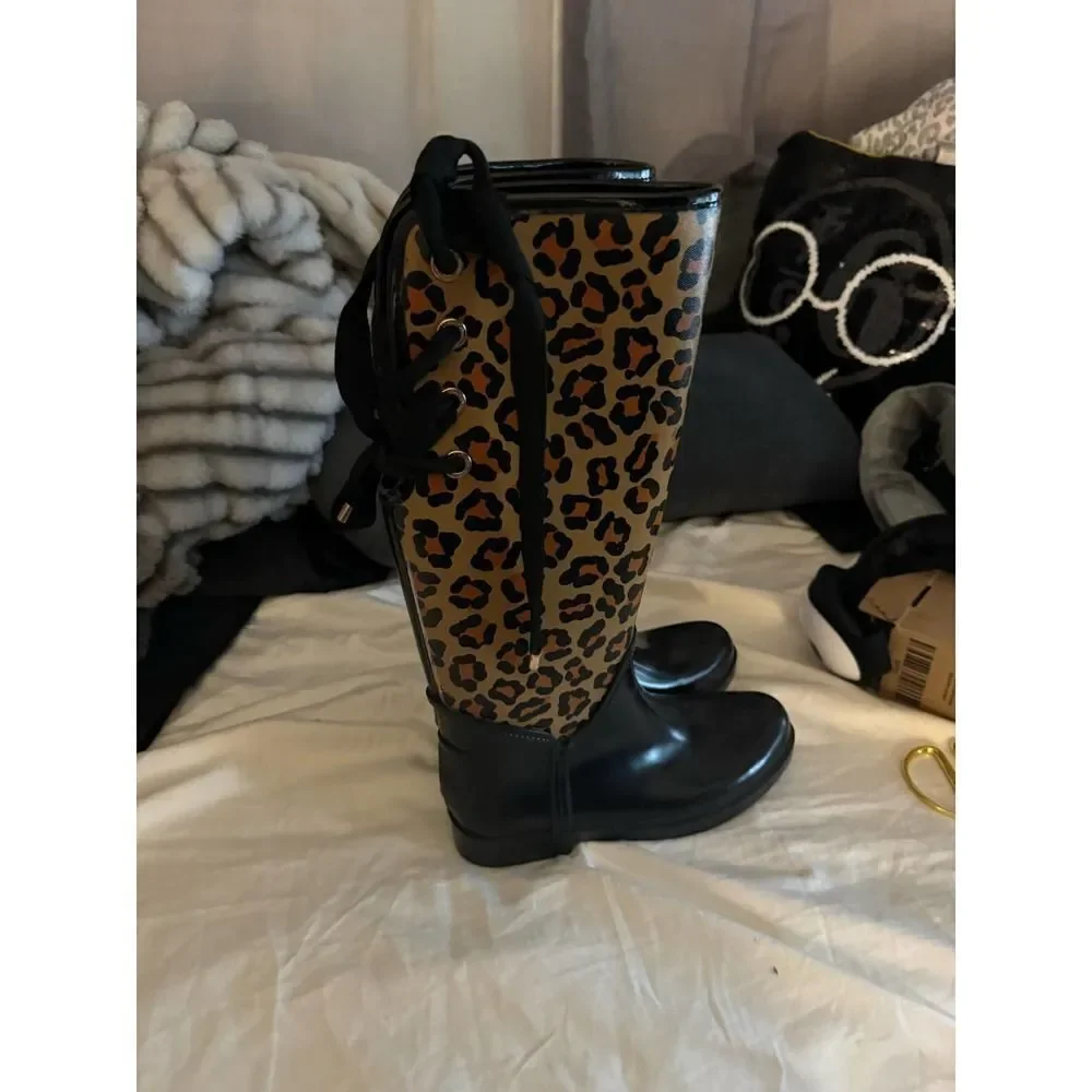 Sz 7.5/38 EUR Coach tristee lace up leopard animal print rain snow boots